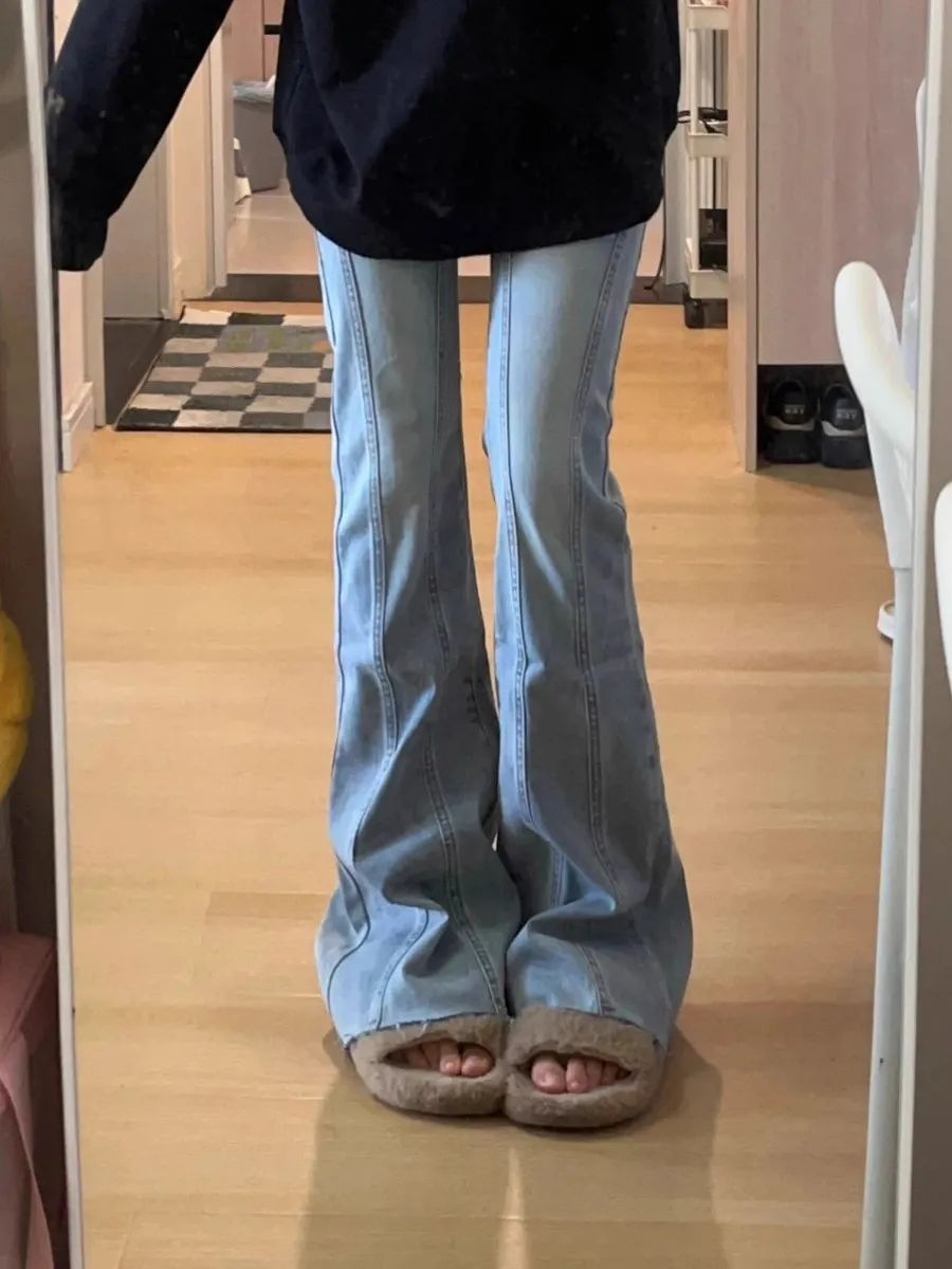 美式復古加長版微喇牛仔褲女秋冬新款高腰彈力顯瘦毛邊喇叭馬蹄褲