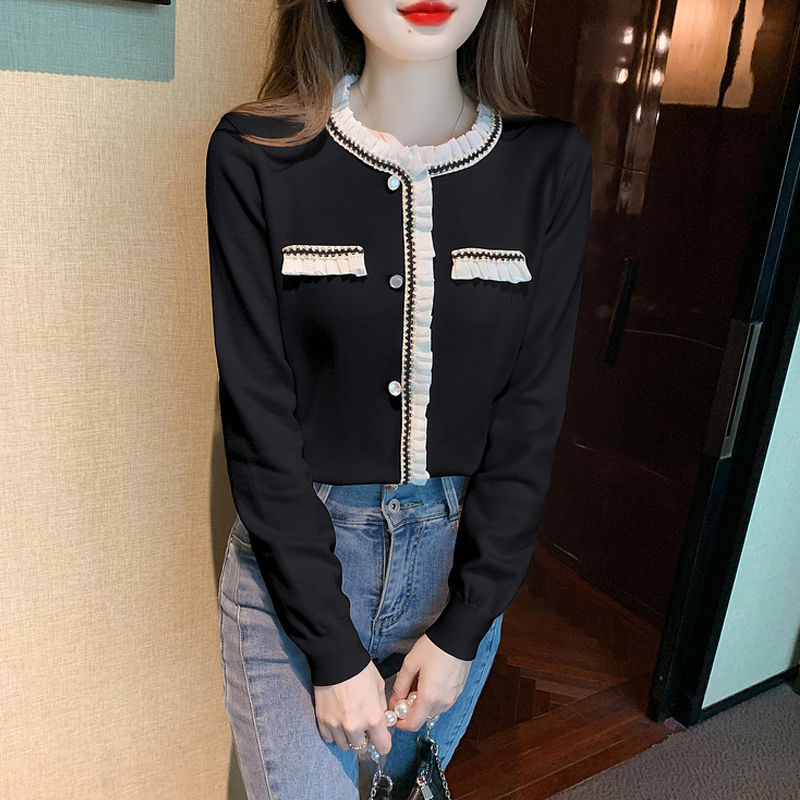 法式小香風高級感毛衣女秋冬季設計感花邊拼接針織衫內搭長袖上衣