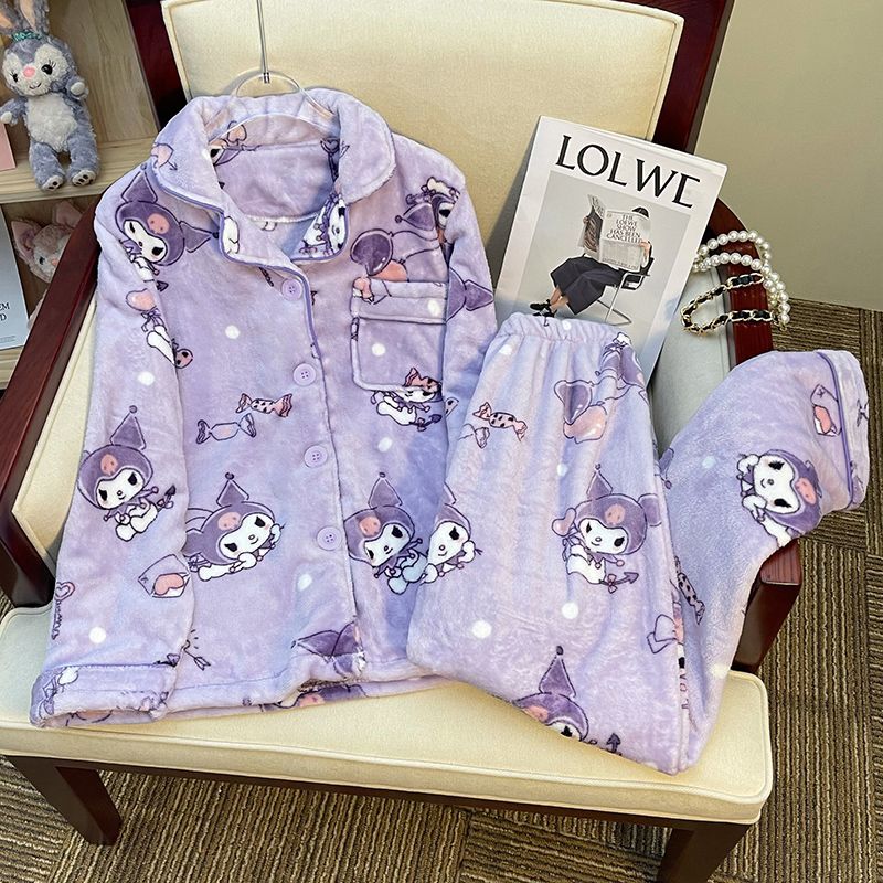 睡衣女秋冬季珊瑚絨加絨加厚庫洛米網紅風法蘭絨可外穿家居服套裝