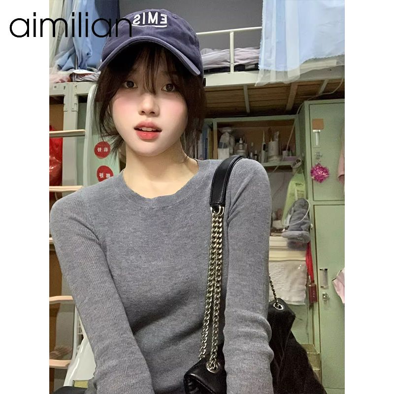aimilian灰色套頭針織衫女春秋冬內搭毛衣軟糯打底衫修身長袖上衣
