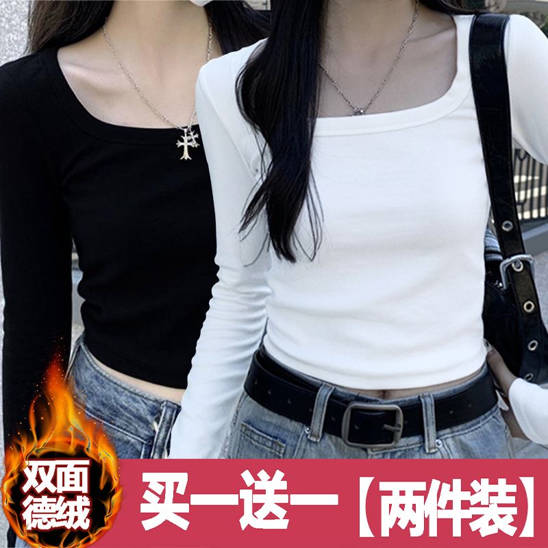 正肩方領鎖骨T恤女白色內搭打底衫秋季緊身辣妹純欲ins長袖短上衣