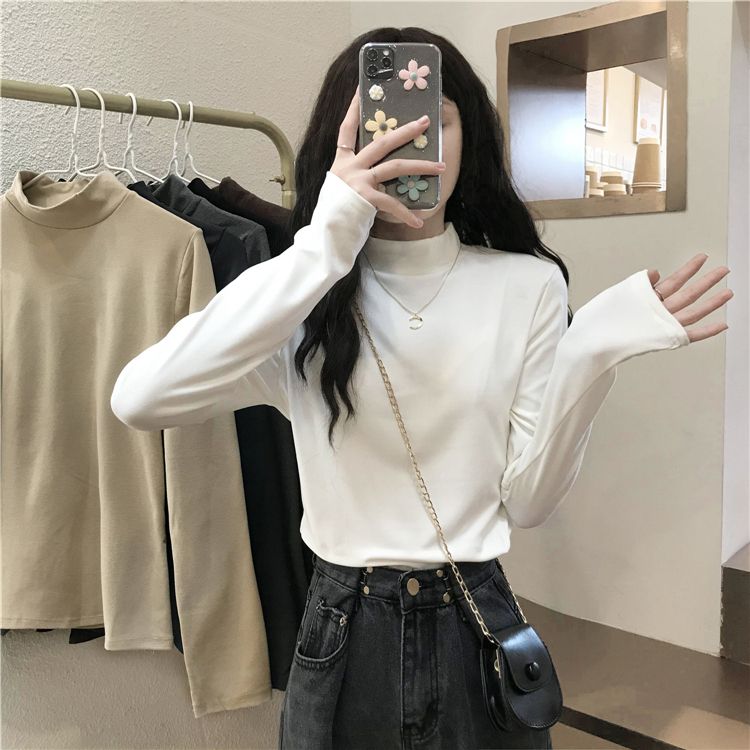 半高領打底衫女秋冬2023新款加絨加厚內搭長袖t恤百搭純色上衣潮