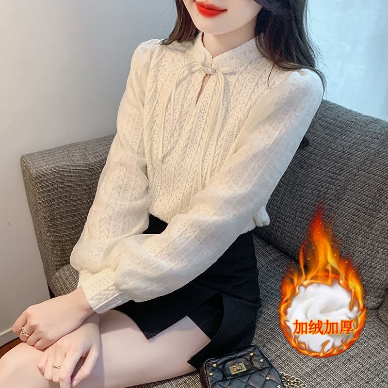 加絨新中式復古盤扣上衣女秋2023新款獨特别致設計感小眾長袖襯衫