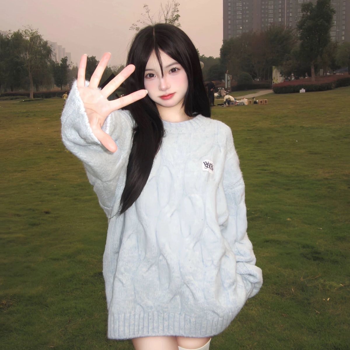 藍色套頭麻花毛衣女秋冬冬季設計感小眾加厚外穿寬鬆慵懶風針織衫