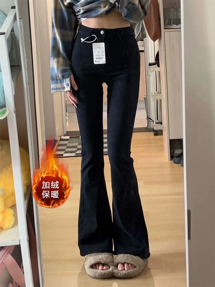 加絨加厚黑色微喇牛仔褲女冬季新款高腰彈力緊身顯瘦直筒喇叭褲子