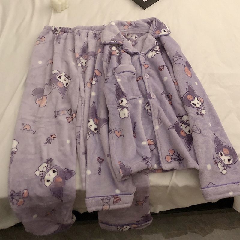 2023年新款秋冬季珊瑚絨睡衣少女款加絨加厚庫洛米顯瘦家居服套裝