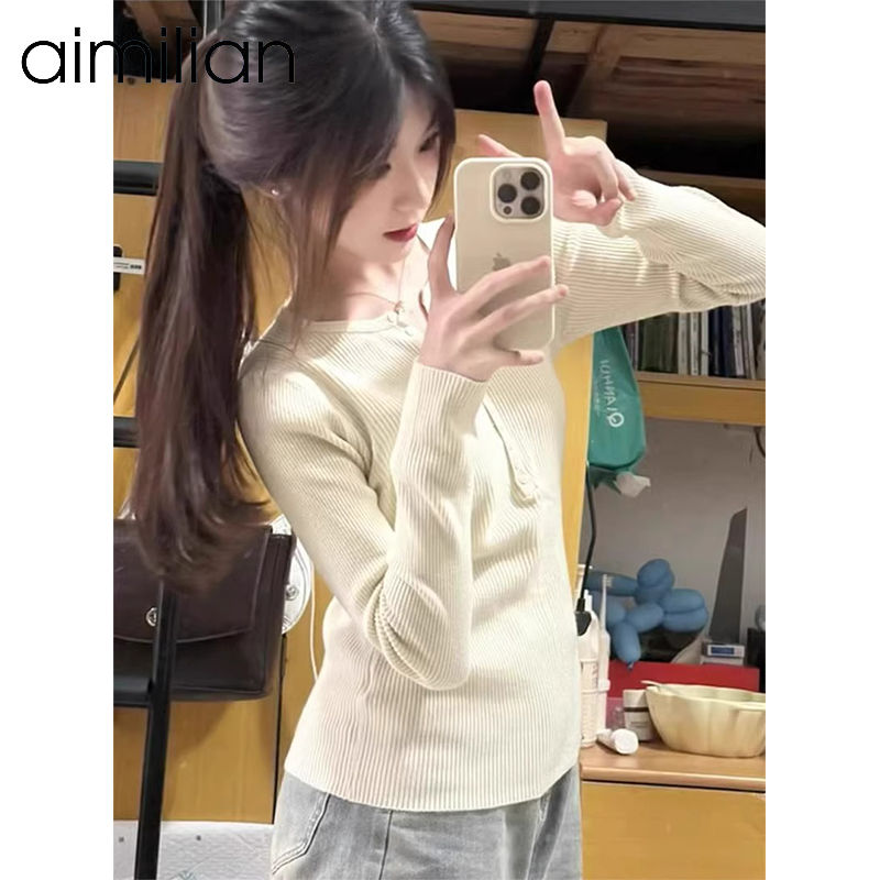 aimilian韓系套頭針織衫女秋冬內搭打底毛衣百搭修身顯瘦長袖上衣