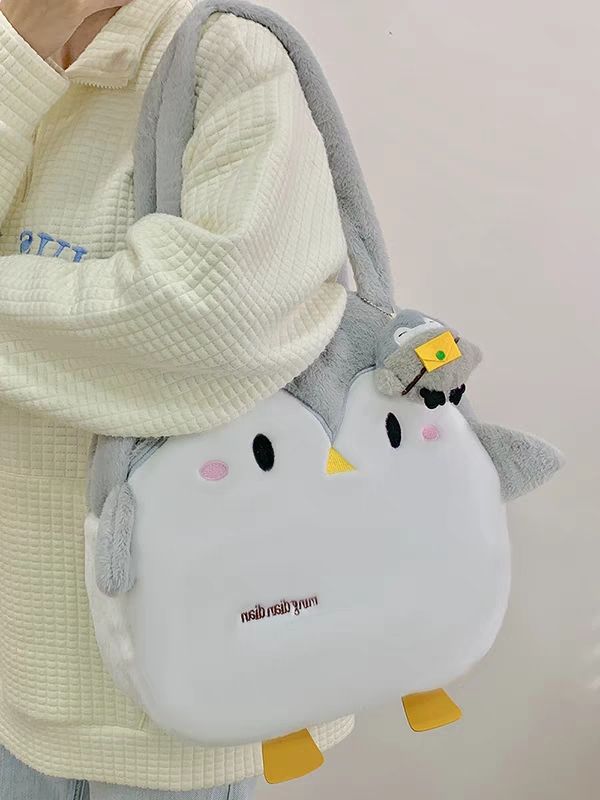 可愛卡通企鵝包包女2023秋冬新款校園大容量單肩包秋冬毛絨手提包