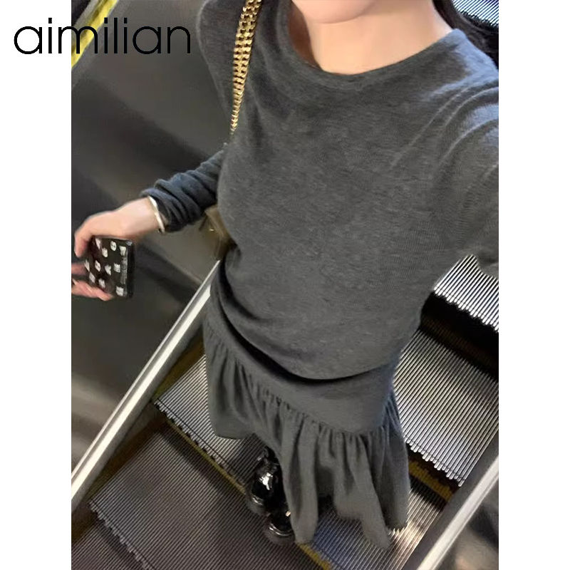 aimilian灰色針織衫女秋冬內搭毛衣軟糯打底衫修身顯瘦長袖上衣潮