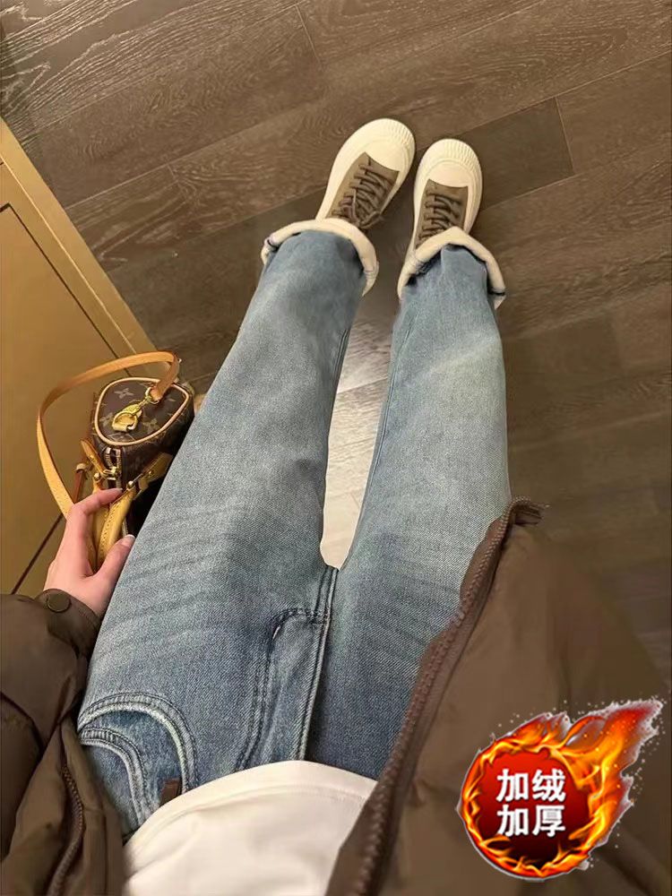 加絨加厚復古牛仔褲女2023秋冬新款顯瘦高腰窄版直筒褲闊腿長褲子