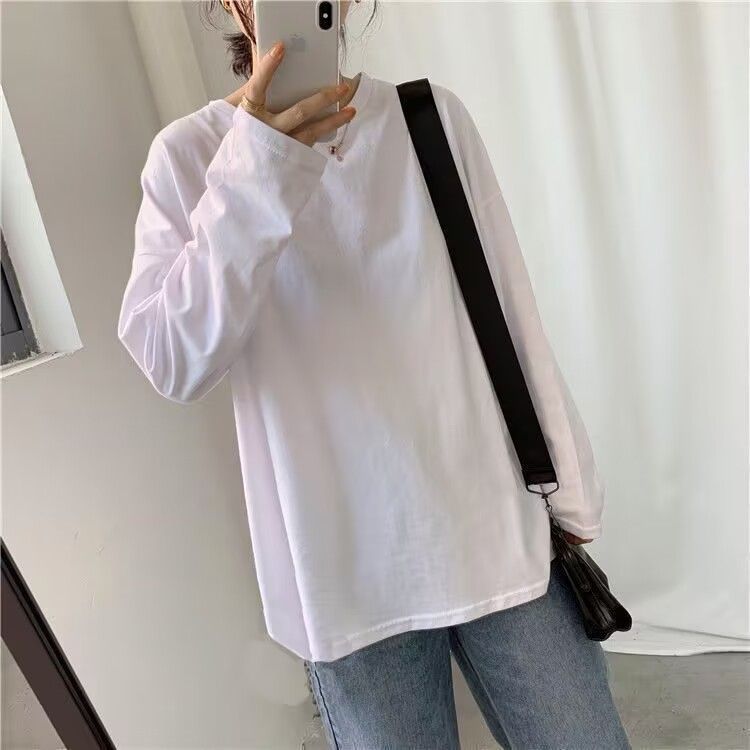 長袖T恤純棉打底衫純色寬鬆百搭初秋新款女裝ins白色上衣學生潮