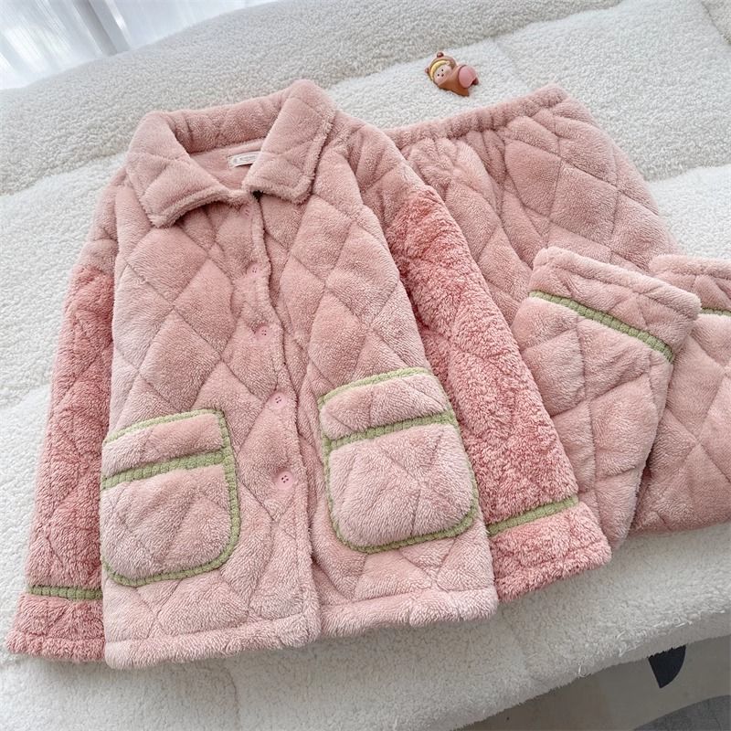 秋冬季睡衣女士珊瑚绒三层夹棉加厚甜美学生法兰绒保暖家居服套装