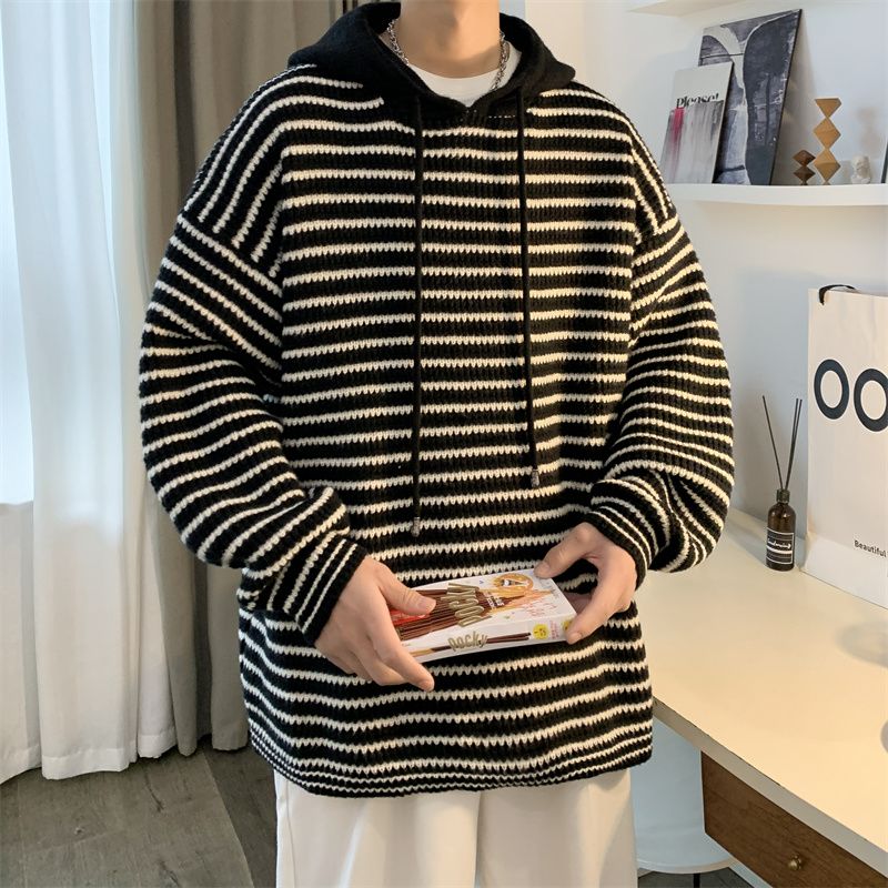 Striped hooded sweater for men in autumn and winter American retro trendy brand teenagers lazy casual loose sweater jacket