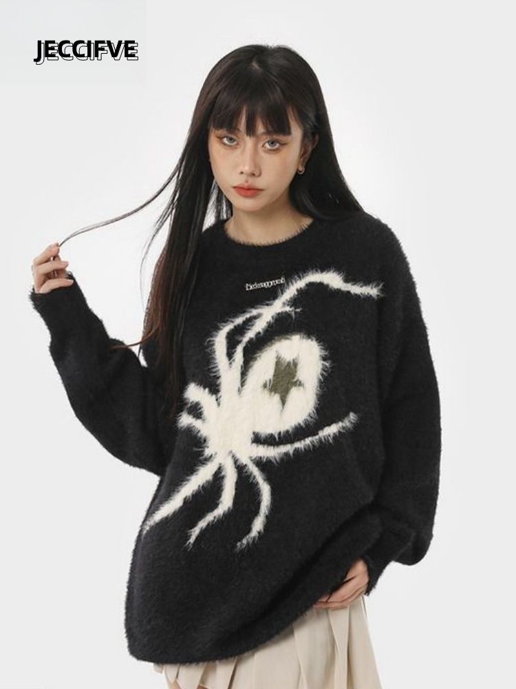 JECCIFIVE秋冬美式仿貂毛蜘蛛提花毛衣男女復古高街慵懶圓領上衣