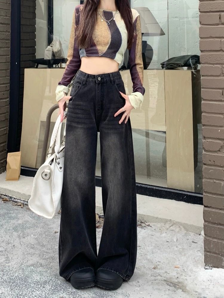 美式復古水洗高腰闊腿黑灰牛仔褲女寬鬆顯瘦垂感九分百搭拖地長褲