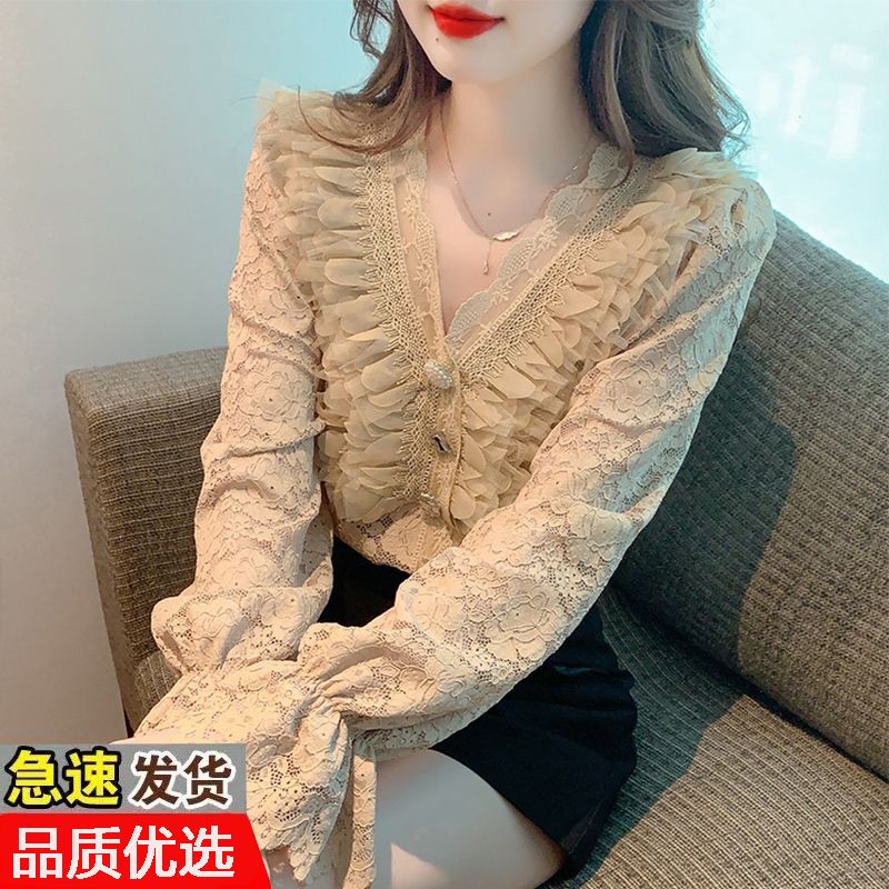 2023年秋新款高檔洋氣百搭顯瘦V領長袖蕾絲襯衫女上衣內搭打底衫