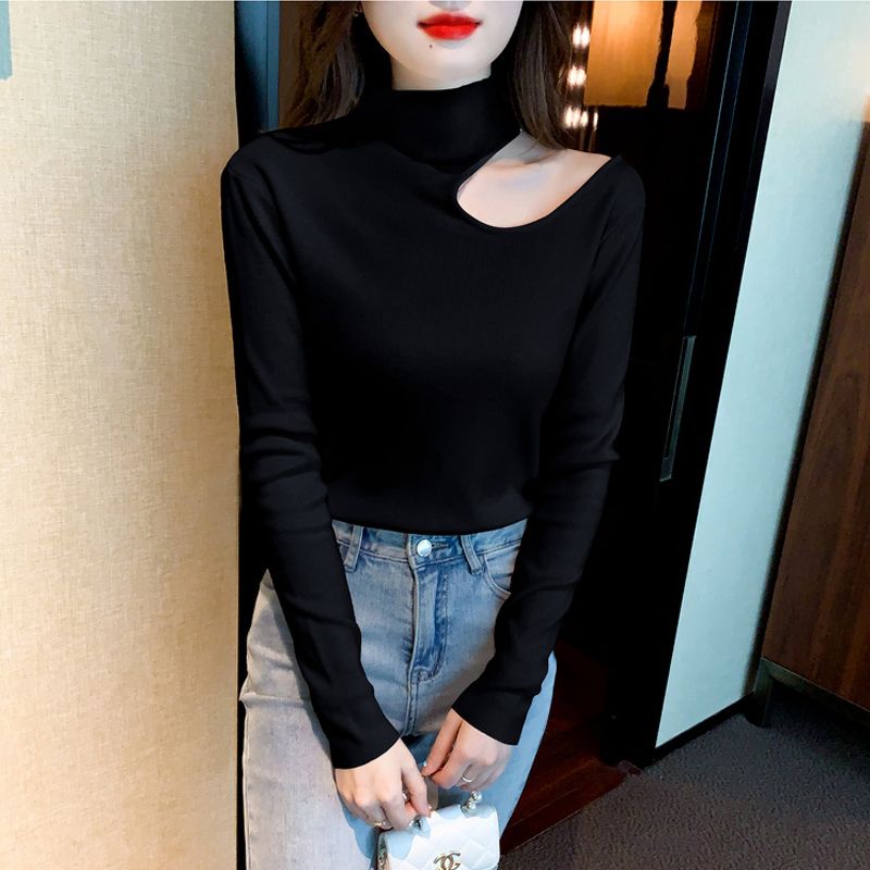 女裝2023新款韓版時尚高級感露鎖骨特色款純色修身打底針織衫上衣