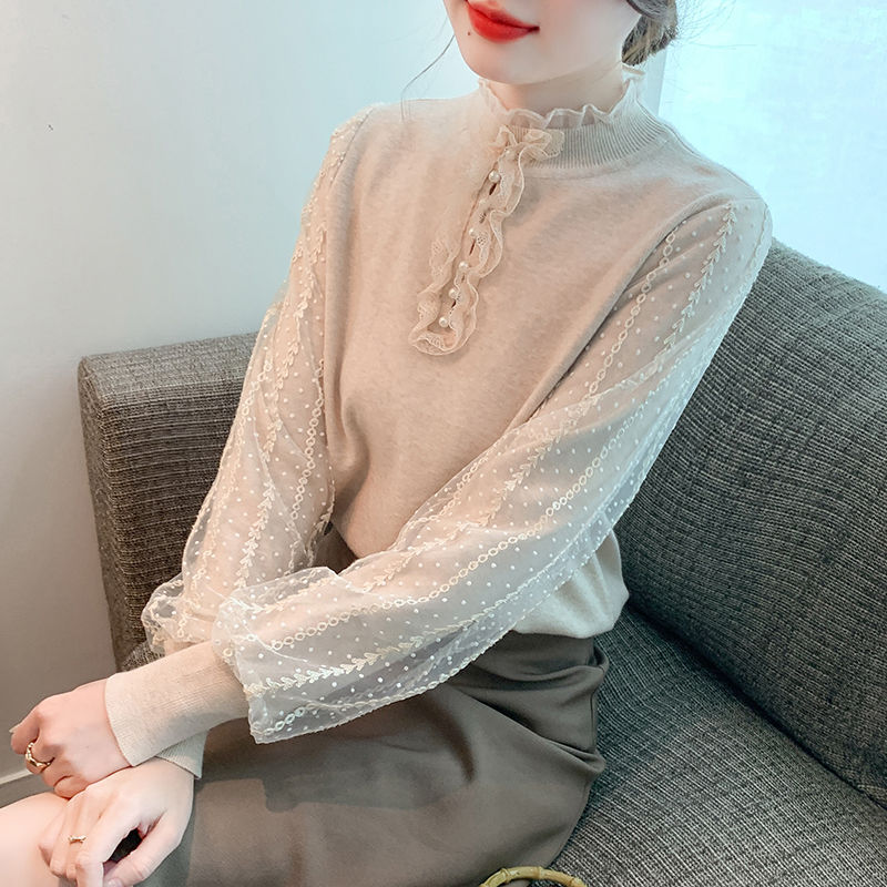 2023秋冬新款雙層袖蕾絲拼接針織衫簡約超仙洋氣上衣打底小衫女