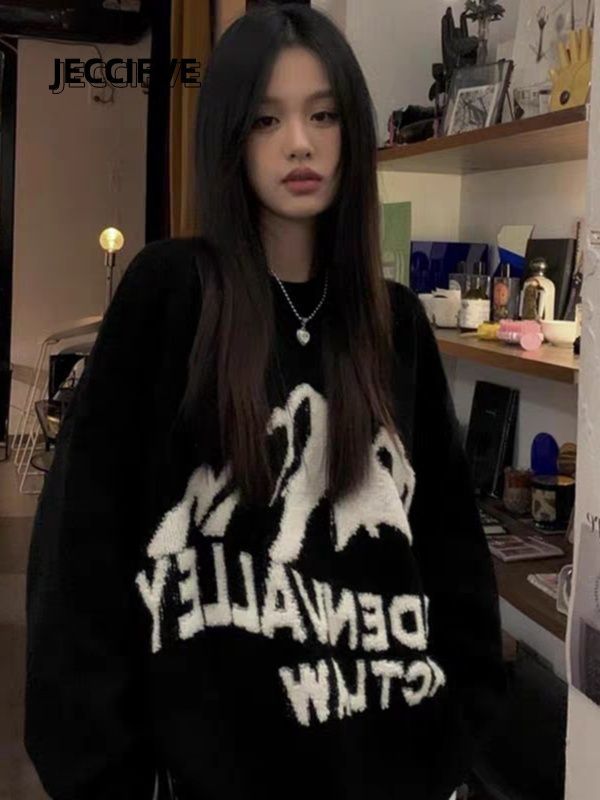 JECCIFIVE學院風軟糯字母提花設計感針織毛衣男女寬鬆ins顯瘦上衣