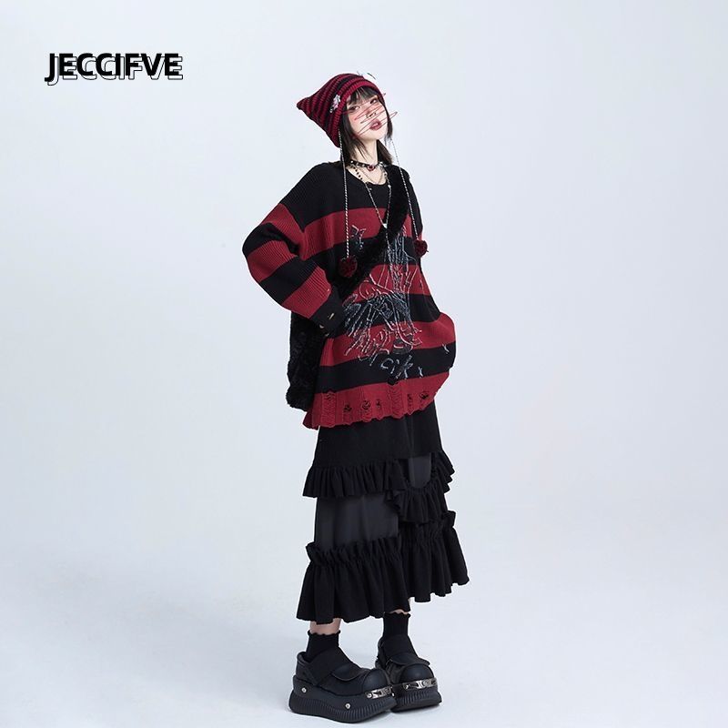 JECCIFIVE復古慵懶風針織毛衣男女秋冬條紋破洞美式街頭顯瘦上衣