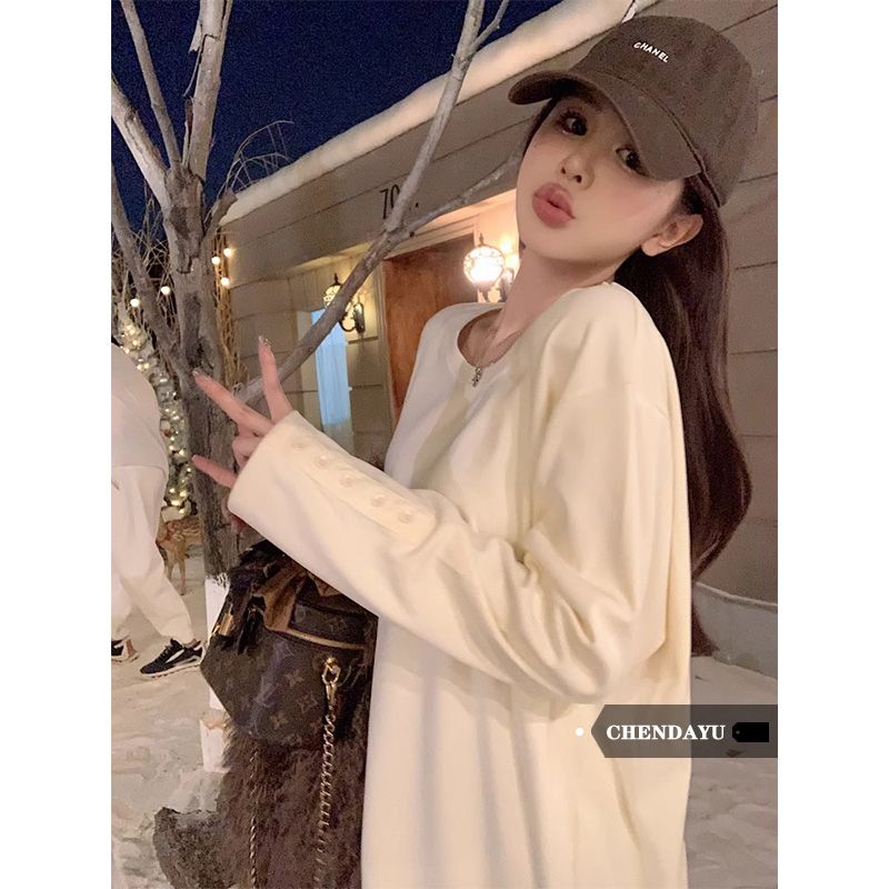 陳大鈺慵懶風純色休閒套頭T恤女秋冬季寬鬆顯瘦打底衫中長款上衣