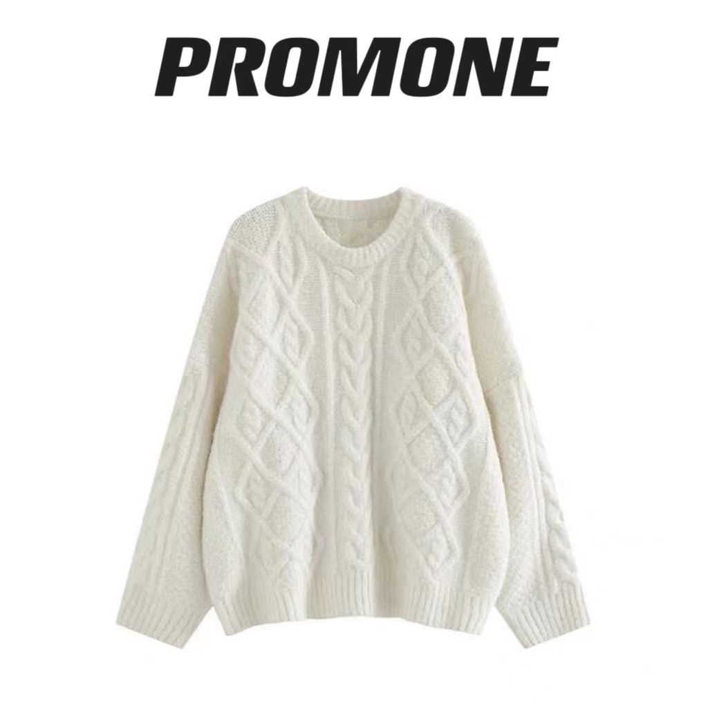 PROMONE麻花毛衣女秋冬軟糯糯百搭圓領寬鬆套頭慵懶風外穿針織衫