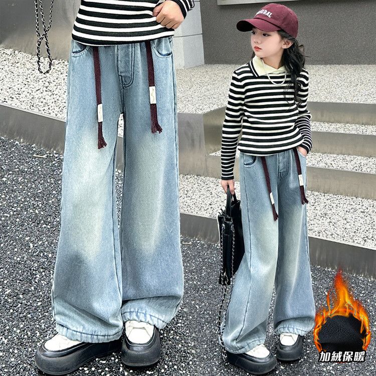 女童淺色加絨牛仔褲兒童一體奧利絨2023新款冬季時髦闊腿褲潮洋氣