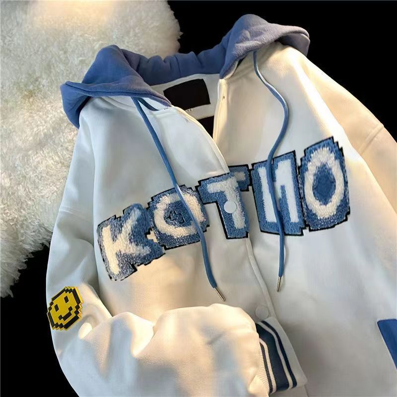 Korean style letter towel embroidered hooded baseball jacket for autumn and winter couples versatile design trendy brand loose jacket
