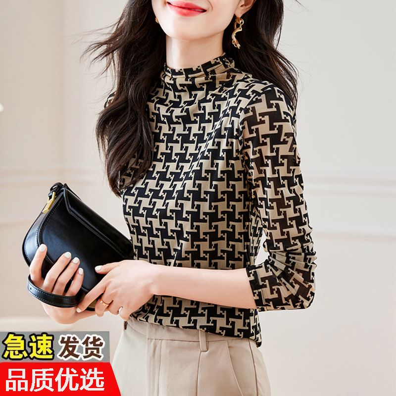 2023年秋冬新款格子t恤女高檔長袖半高領修身顯瘦設計感小眾上衣