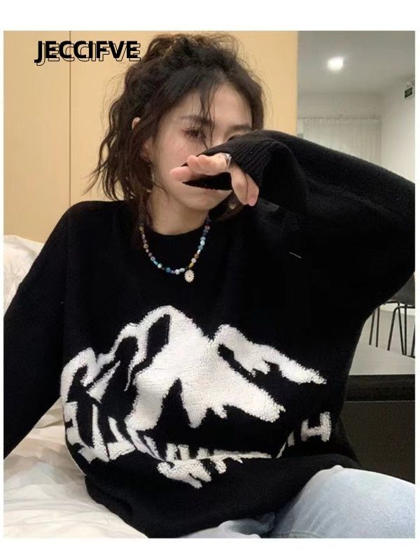 JECCIFIVE設計感小眾高街慵懶黑色軟糯針織毛衣男女秋冬情侶上衣