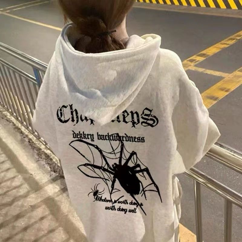 美式hiphop潮酷蜘蛛長袖連帽ins衛衣女冬季街頭嘻哈加絨加厚外套