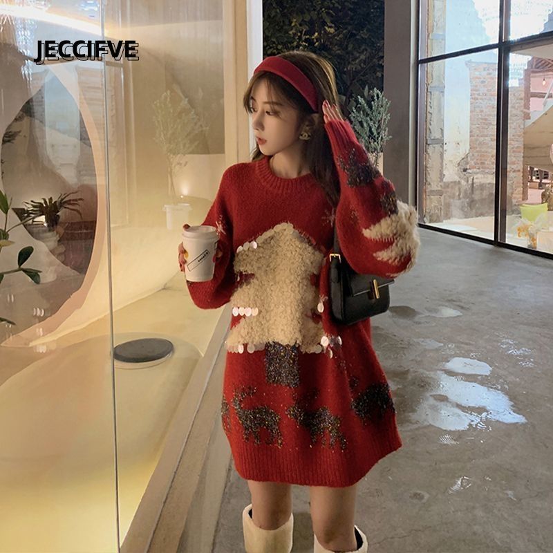 JECCIFIVE冬季新款聖誕氛圍感針織毛衣男女寬鬆顯瘦慵懶情侶上衣