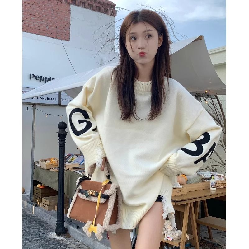 美式毛衣女秋冬季新款寬鬆慵懶風外套頭設計中長款針織衫百搭上衣