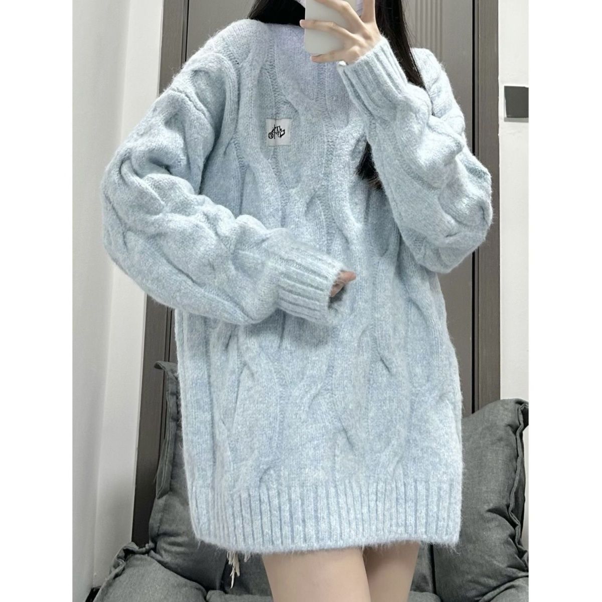 Japanese milk fufu twist round neck sweater for women in autumn and winter loose lazy style bf soft waxy thickened sweater jacket trendy