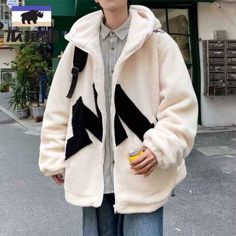 學生男羊羔毛棉衣外套秋冬港風連帽加絨棉襖加厚寬鬆拼色保暖棉服