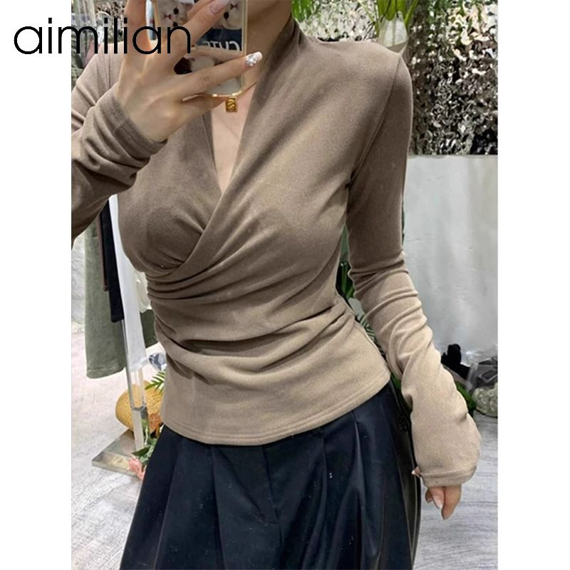 aimilian德絨V領打底衫女春秋冬內搭加絨保暖磨毛長袖t恤別致上衣