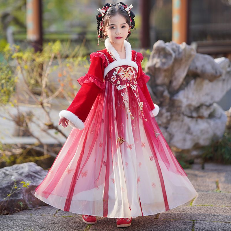 拜年服女童冬款漢服兒童古裝加厚冬季唐裝中國風寶寶喜慶過年衣服