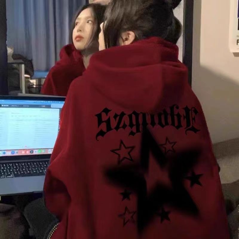 衛衣女2023秋冬ins新款連帽酒紅色甜辣小眾設計感加絨加厚外套潮