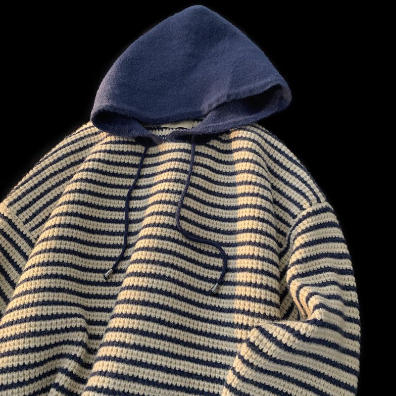 Striped hooded sweater jacket for men 2023 winter new design loose Korean style lazy style sweater
