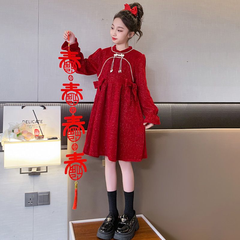 女童冬裝連衣裙2023新款冬款洋氣大童女孩公主裙兒童加絨裙子冬季