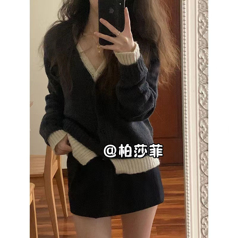 兩件套裝2023秋冬季新款韓版百搭撞色假兩件針織毛衣開衫+半身裙