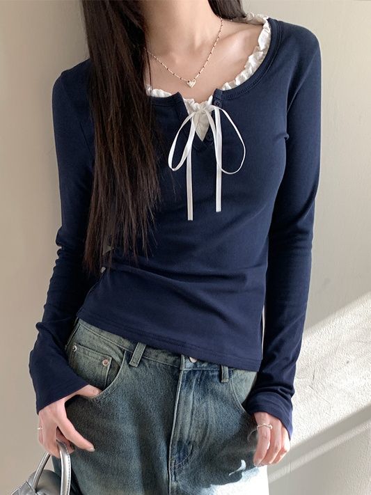 韩版时尚气质T恤秋冬季新款女芭蕾风木耳边系带v领设计感打底上衣