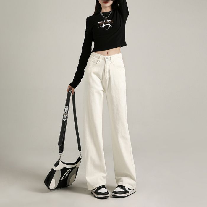 美式簡約秋冬2023新款高腰直筒闊腿牛仔褲女寬鬆顯瘦顯高牛仔褲潮