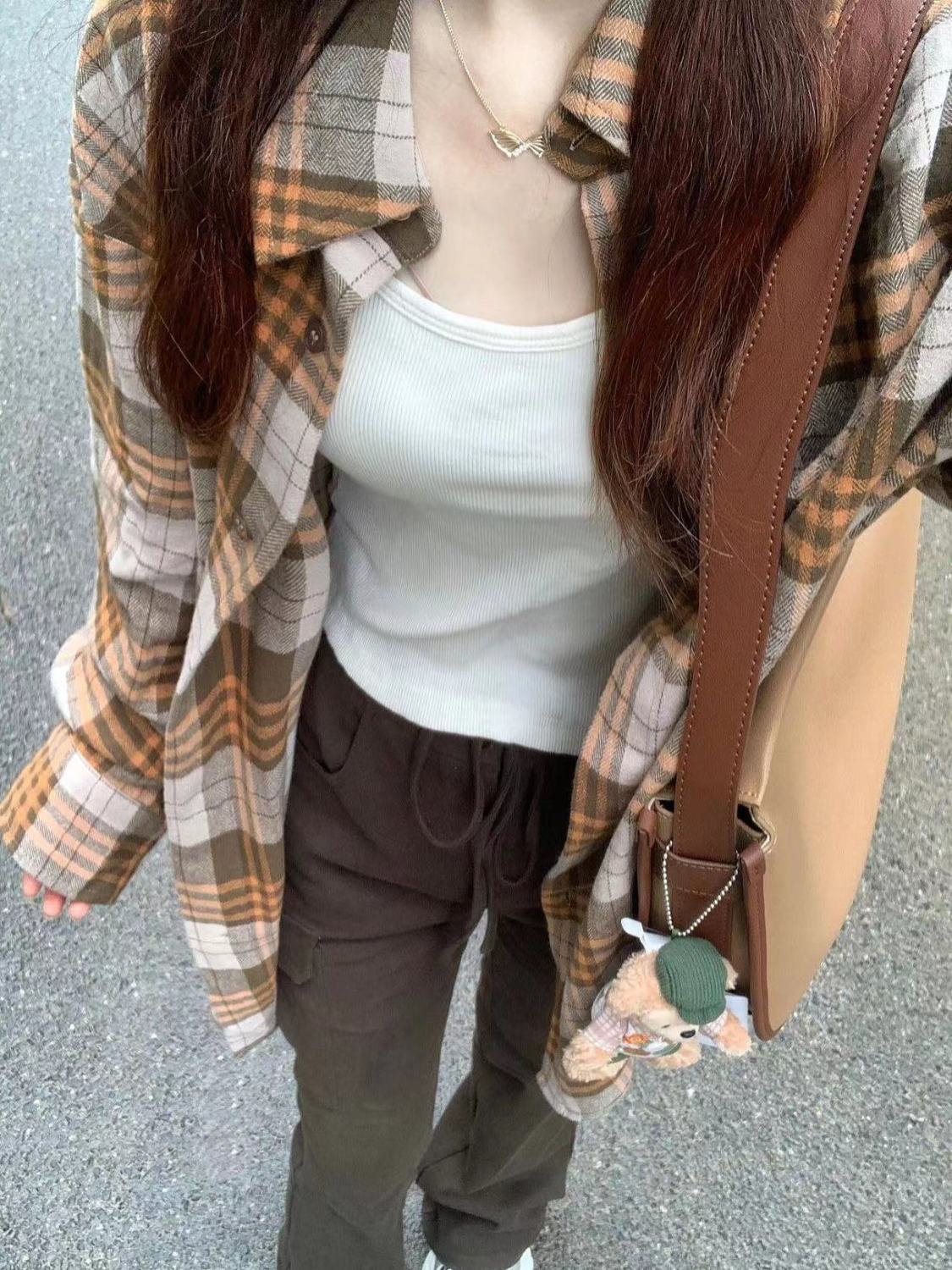 美式格子襯衫女2023春秋款小眾設計感寬鬆休閒顯瘦小個子襯衣外穿
