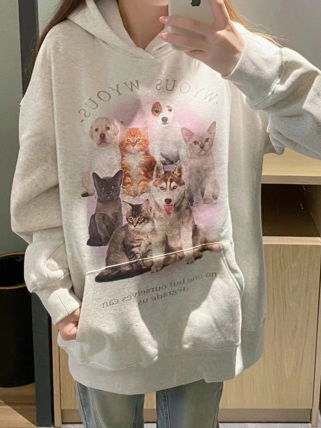 500g heavyweight silver fox velvet American trendy hooded sweatshirt for women, loose, versatile, slimming, couple style long-sleeved tops