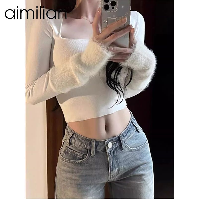 aimilian純欲辣妹方領針織衫女秋冬內搭打底毛衣修身顯瘦長袖上衣