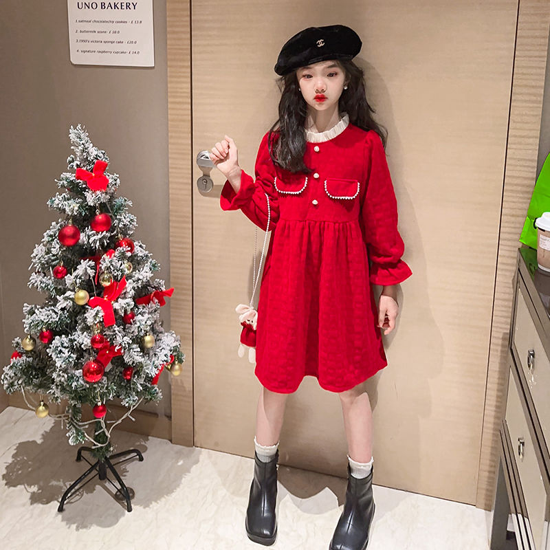 Girls' Dresses Plus Velvet 2023 New Winter Clothes New Year Girls Princess Dress Autumn and Winter Children's Winter Red Skirt