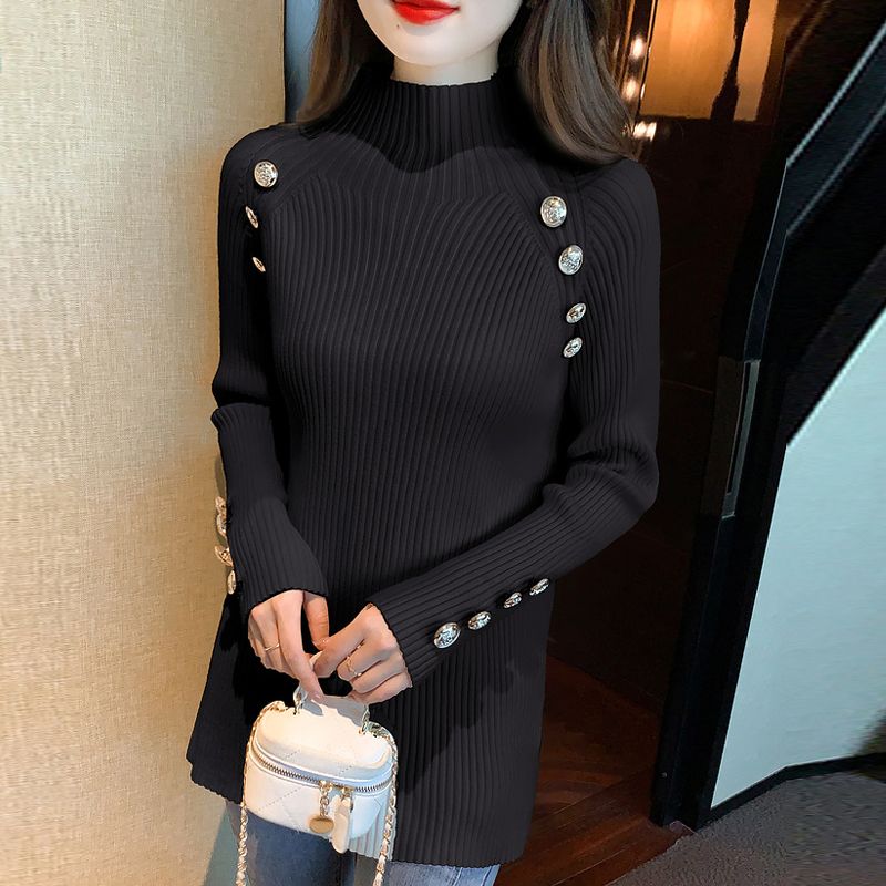 扣子長袖半高領針織打底衫女秋冬新款百搭氣質時尚中長款毛衣上衣