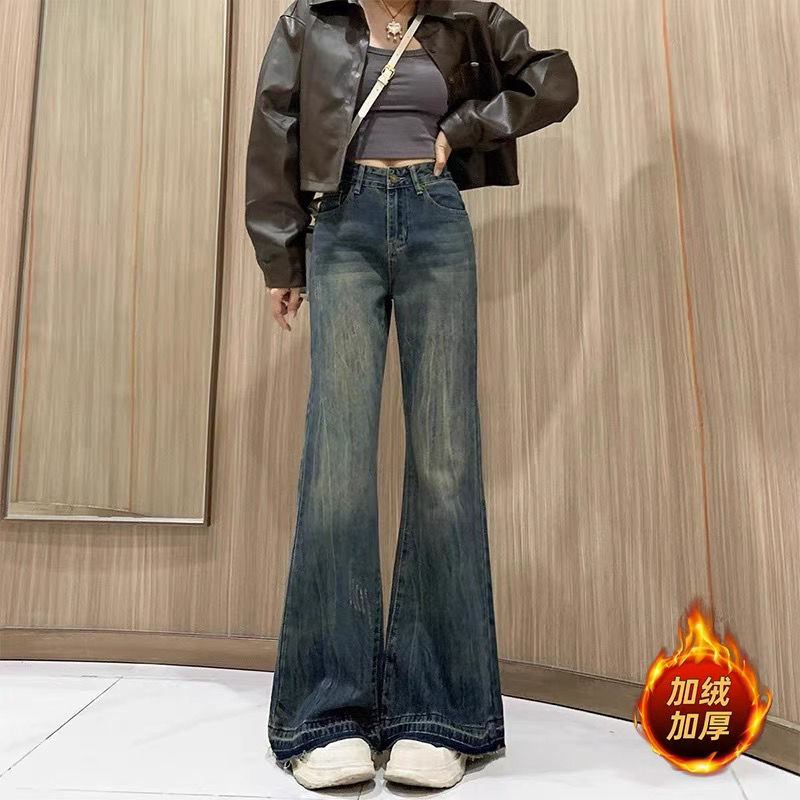 復古微喇叭牛仔褲女冬季顯瘦高腰大碼胖MM加絨加厚美式寬鬆喇叭褲