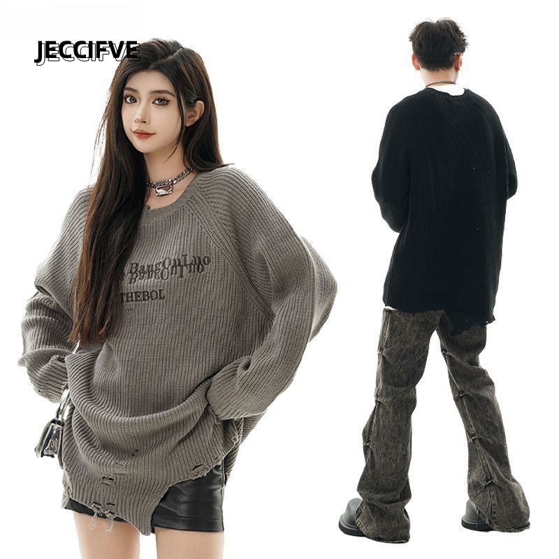 JECCIFIVE高街不規則破洞oversize長袖毛衣男女美式寬鬆休閒上衣
